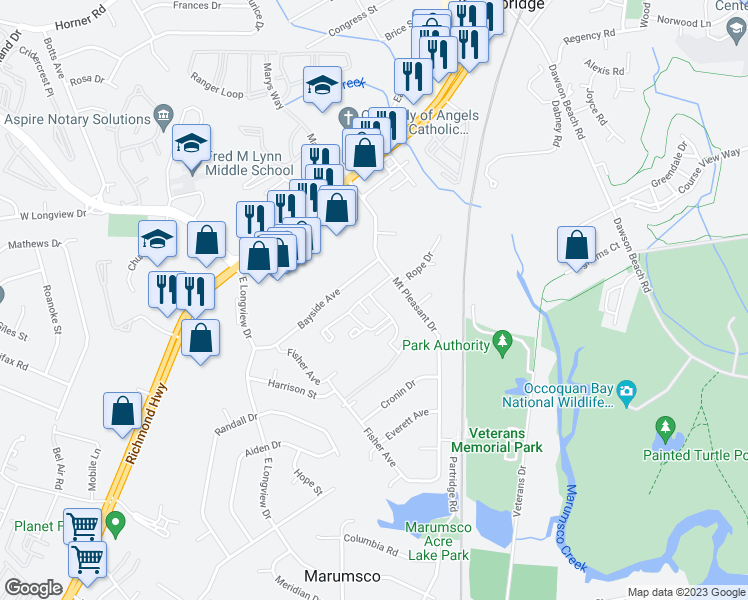 map of restaurants, bars, coffee shops, grocery stores, and more near 14105 Bay Vista Drive in Woodbridge