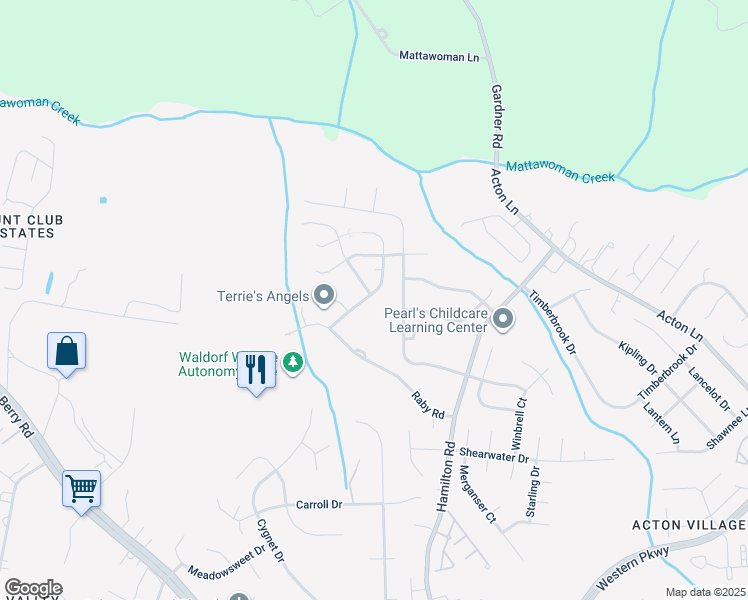 map of restaurants, bars, coffee shops, grocery stores, and more near 2318 Rolling Meadows Street in Waldorf