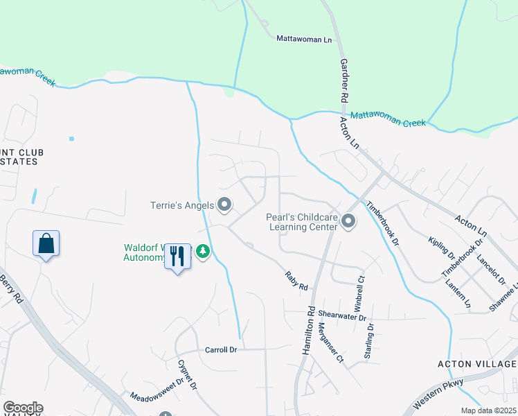 map of restaurants, bars, coffee shops, grocery stores, and more near 2318 Rolling Meadows Street in Waldorf