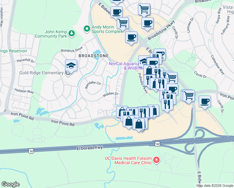 map of restaurants, bars, coffee shops, grocery stores, and more near 2300 Iron Point Road in Folsom