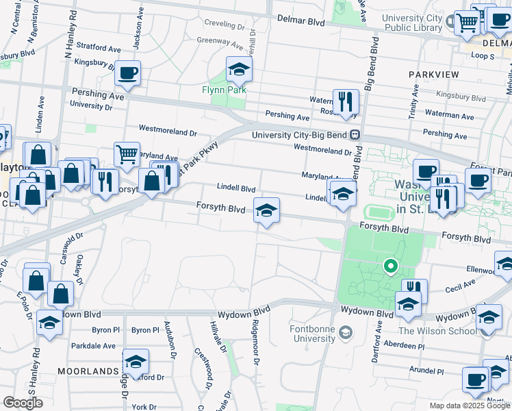 map of restaurants, bars, coffee shops, grocery stores, and more near 7201 Forsyth Boulevard in St. Louis