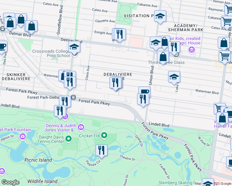 map of restaurants, bars, coffee shops, grocery stores, and more near 5513 Pershing Avenue in St. Louis