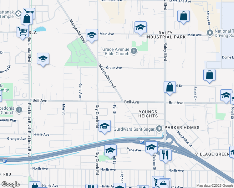 map of restaurants, bars, coffee shops, grocery stores, and more near 4450 Marysville Boulevard in Sacramento