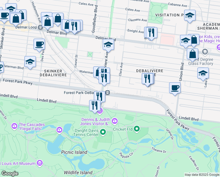 map of restaurants, bars, coffee shops, grocery stores, and more near 5615 Pershing Avenue in St. Louis
