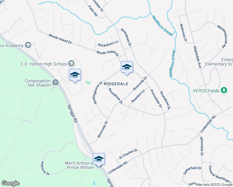 map of restaurants, bars, coffee shops, grocery stores, and more near 5575 Roundtree Drive in Woodbridge