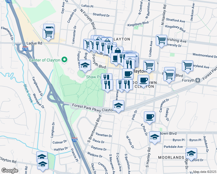map of restaurants, bars, coffee shops, grocery stores, and more near 8025 Bonhomme Avenue in Clayton