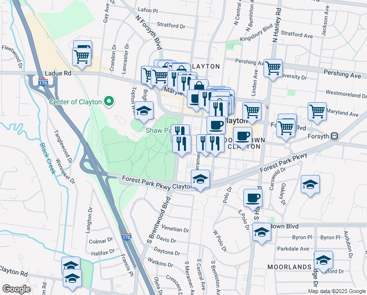map of restaurants, bars, coffee shops, grocery stores, and more near 8025 Bonhomme Avenue in Clayton