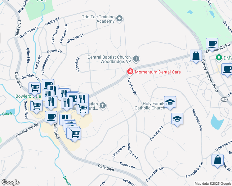 map of restaurants, bars, coffee shops, grocery stores, and more near 14053 Fallbrook Lane in Woodbridge