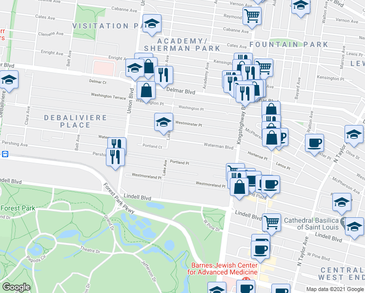 map of restaurants, bars, coffee shops, grocery stores, and more near 5123 Waterman Boulevard in St. Louis