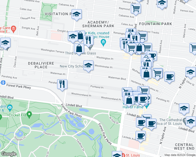 map of restaurants, bars, coffee shops, grocery stores, and more near 5123 Waterman Boulevard in St. Louis