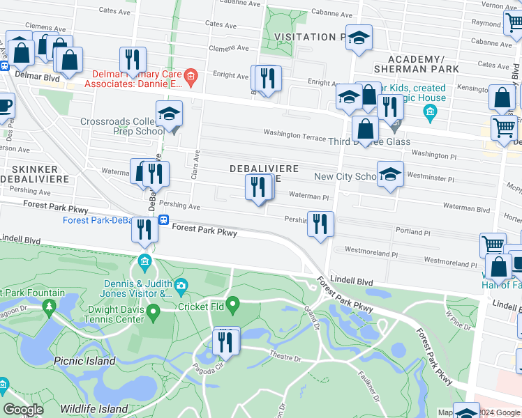 map of restaurants, bars, coffee shops, grocery stores, and more near 5518 Waterman Boulevard in St. Louis