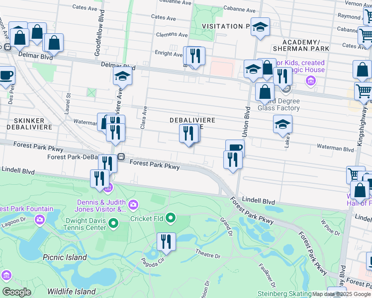 map of restaurants, bars, coffee shops, grocery stores, and more near 5518 Waterman Boulevard in St. Louis