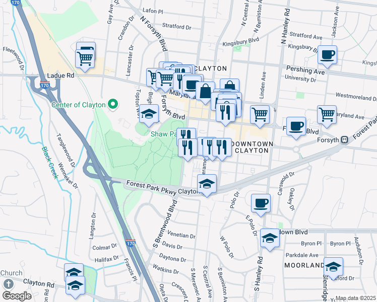map of restaurants, bars, coffee shops, grocery stores, and more near 100 South Brentwood Boulevard in Clayton