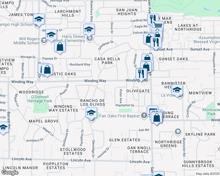 map of restaurants, bars, coffee shops, grocery stores, and more near 7130 Winding Way in Fair Oaks