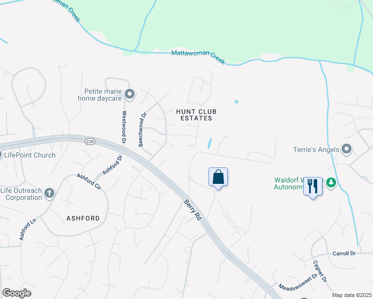 map of restaurants, bars, coffee shops, grocery stores, and more near 2272 Bridle Path Drive in Waldorf