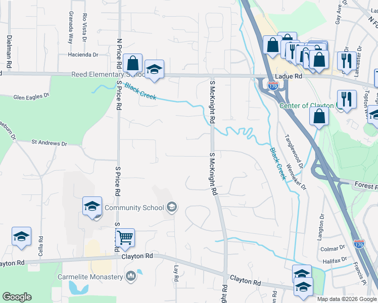 map of restaurants, bars, coffee shops, grocery stores, and more near 1 Ridgewood Road in St. Louis
