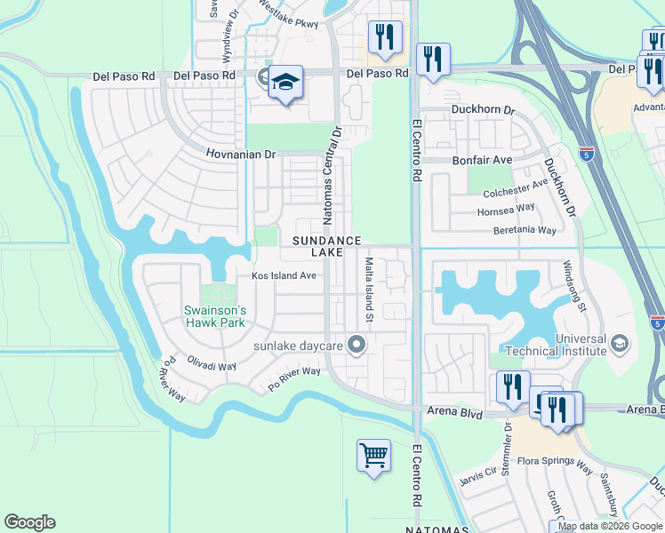map of restaurants, bars, coffee shops, grocery stores, and more near 4254 Natomas Central Drive in Sacramento