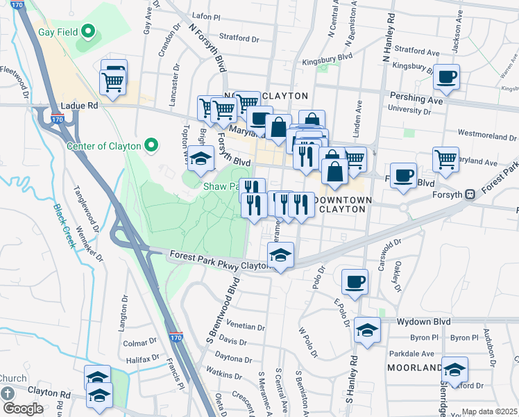 map of restaurants, bars, coffee shops, grocery stores, and more near 8025 Bonhomme Avenue in Clayton