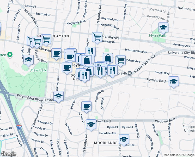 map of restaurants, bars, coffee shops, grocery stores, and more near 190 Carondelet Plaza in Clayton