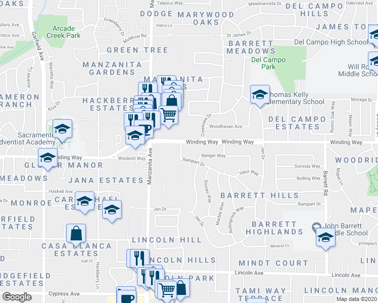 map of restaurants, bars, coffee shops, grocery stores, and more near 5925 Rampart Drive in Carmichael