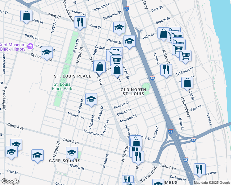 map of restaurants, bars, coffee shops, grocery stores, and more near 2515 Blair Avenue in St. Louis