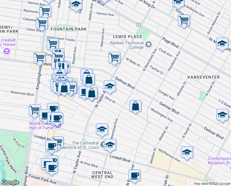 map of restaurants, bars, coffee shops, grocery stores, and more near 4474 Washington Boulevard in St. Louis