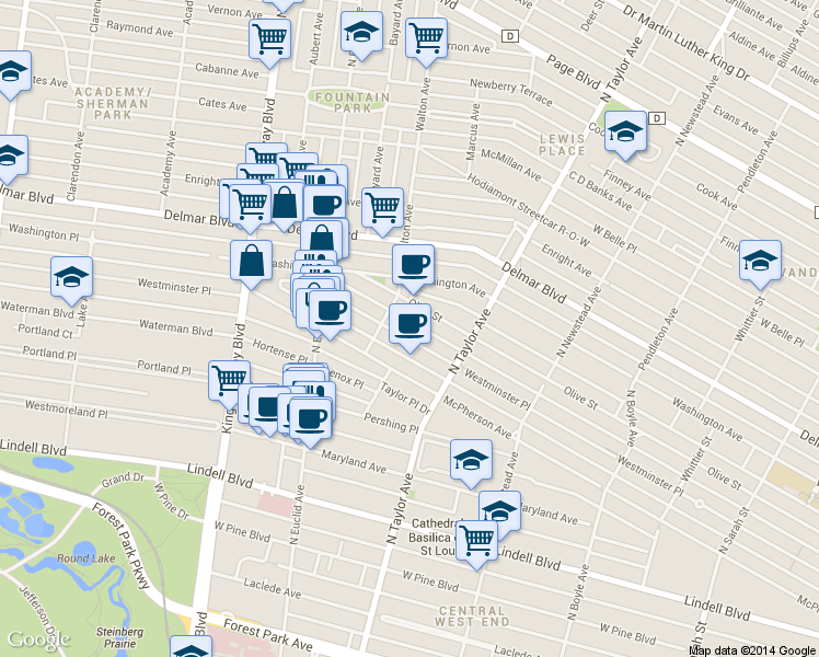 map of restaurants, bars, coffee shops, grocery stores, and more near 4628 Olive Street in St. Louis