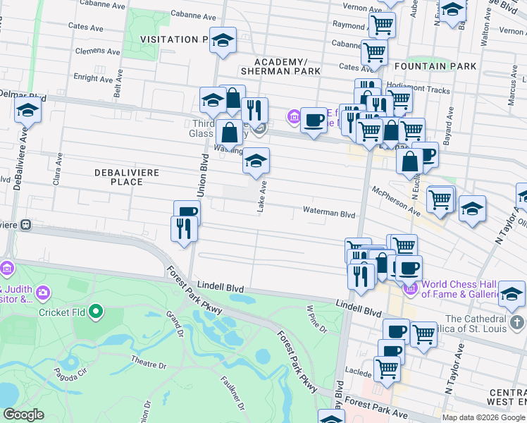 map of restaurants, bars, coffee shops, grocery stores, and more near 456 Lake Avenue in St. Louis