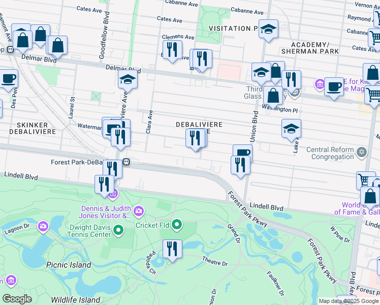 map of restaurants, bars, coffee shops, grocery stores, and more near 5518 Waterman Boulevard in St. Louis