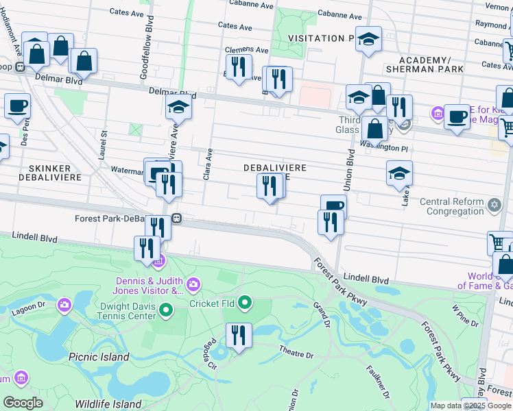 map of restaurants, bars, coffee shops, grocery stores, and more near 5518 Waterman Boulevard in St. Louis