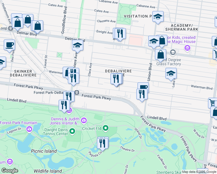 map of restaurants, bars, coffee shops, grocery stores, and more near 5560 Waterman Boulevard in St. Louis