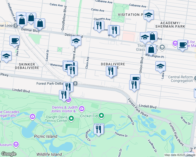 map of restaurants, bars, coffee shops, grocery stores, and more near 5560 Waterman Boulevard in St. Louis