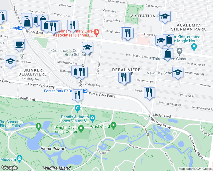 map of restaurants, bars, coffee shops, grocery stores, and more near 5604 Waterman Boulevard in St. Louis
