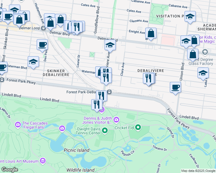 map of restaurants, bars, coffee shops, grocery stores, and more near 310 DeBaliviere Avenue in St. Louis