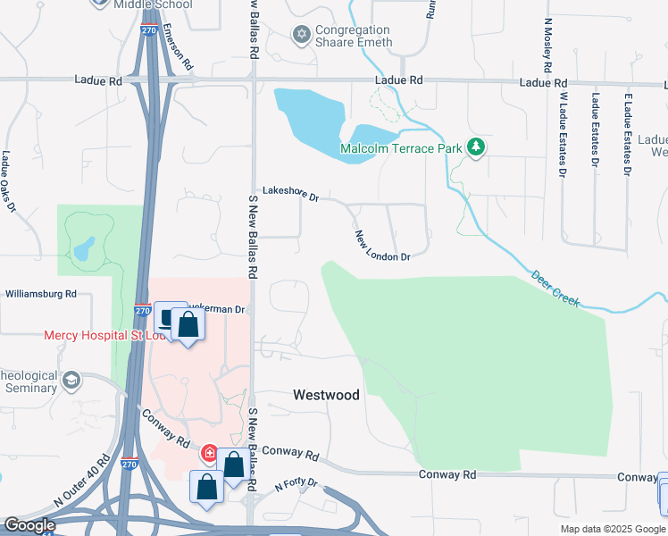 map of restaurants, bars, coffee shops, grocery stores, and more near 11572 New London Drive in Creve Coeur