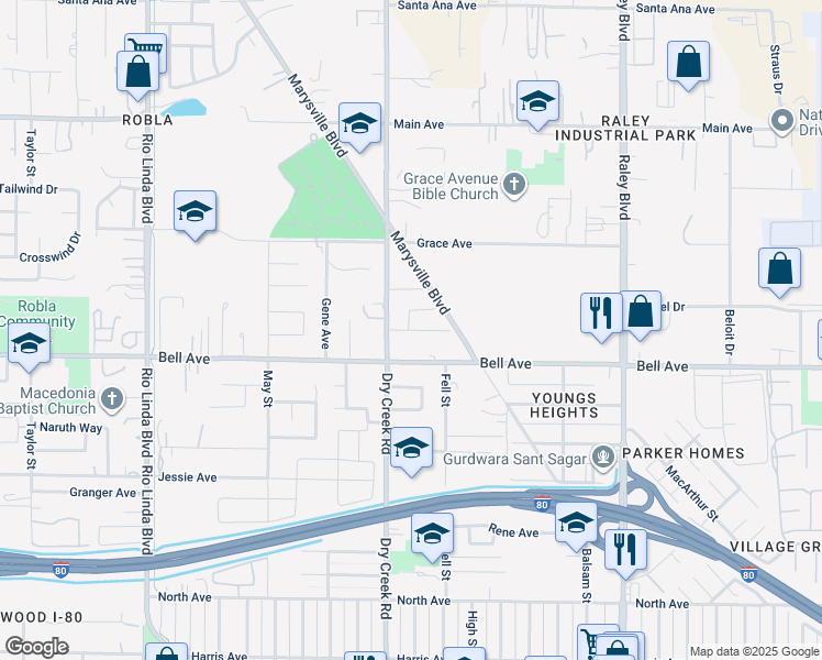 map of restaurants, bars, coffee shops, grocery stores, and more near Aurum Park Court in Sacramento