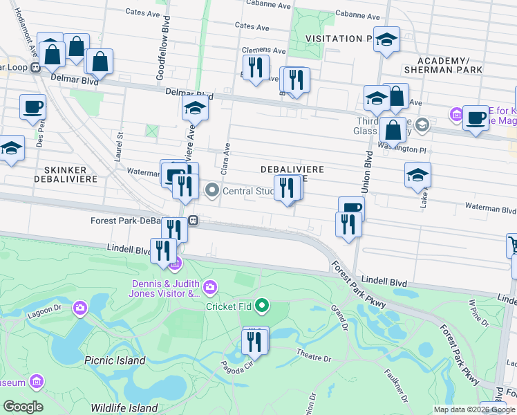 map of restaurants, bars, coffee shops, grocery stores, and more near 5560 Waterman Boulevard in St. Louis