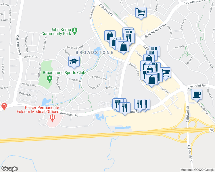 map of restaurants, bars, coffee shops, grocery stores, and more near 263 Hornsby Court in Folsom