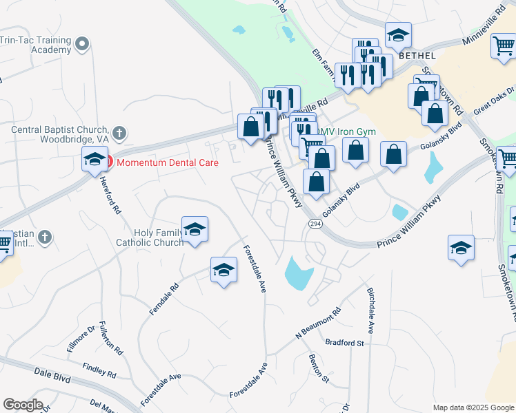 map of restaurants, bars, coffee shops, grocery stores, and more near 14085 Malta Street in Woodbridge