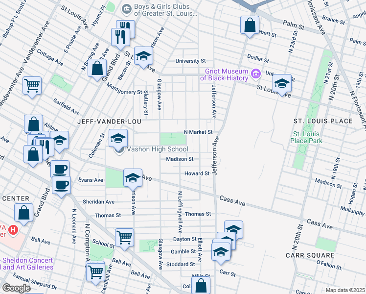 map of restaurants, bars, coffee shops, grocery stores, and more near 1820 Glasgow Avenue in St. Louis