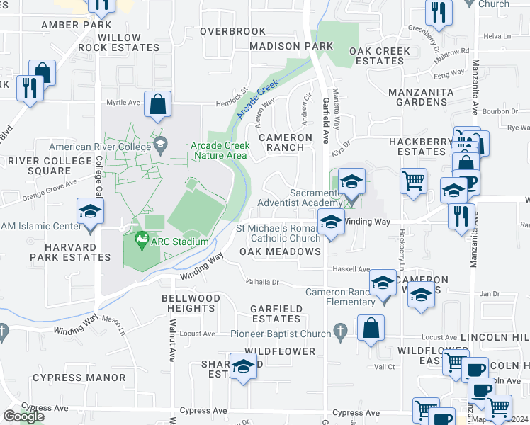 map of restaurants, bars, coffee shops, grocery stores, and more near 5245 Winding Way in Carmichael