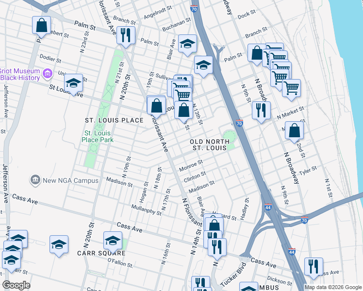 map of restaurants, bars, coffee shops, grocery stores, and more near 2515 Blair Avenue in St. Louis