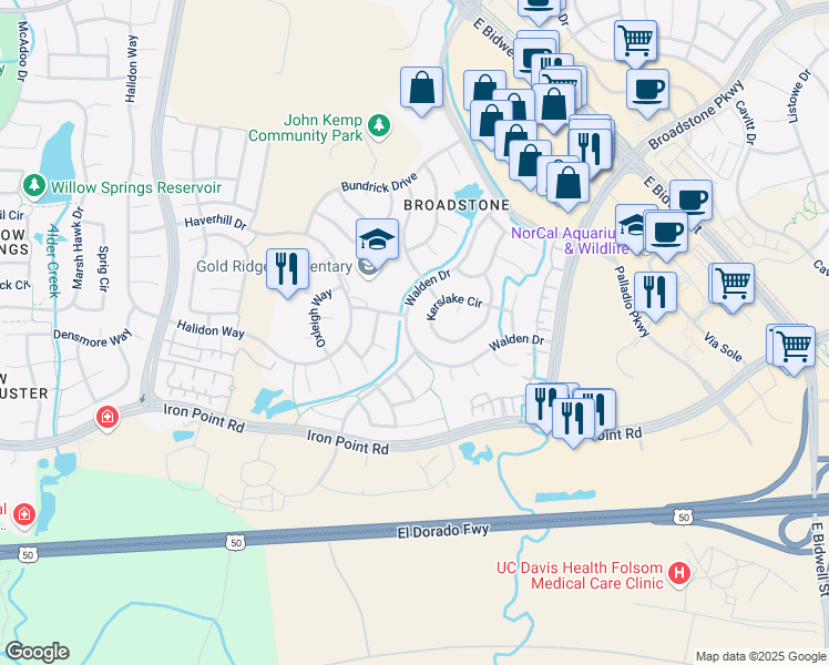 map of restaurants, bars, coffee shops, grocery stores, and more near 1368 Walden Drive in Folsom