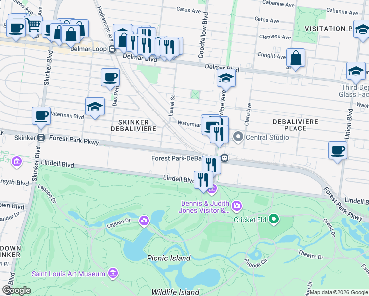 map of restaurants, bars, coffee shops, grocery stores, and more near 5760 De Giverville Avenue in St. Louis