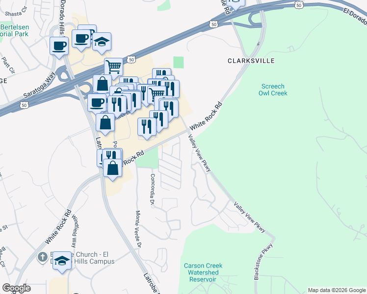 map of restaurants, bars, coffee shops, grocery stores, and more near 1130 White Rock Road in El Dorado Hills