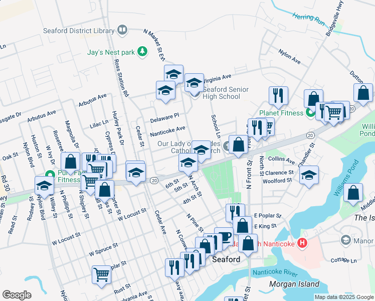 map of restaurants, bars, coffee shops, grocery stores, and more near 400 Washington Street in Seaford