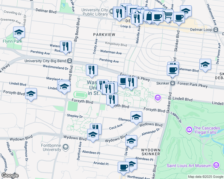 map of restaurants, bars, coffee shops, grocery stores, and more near 1 Brookings Dr in Saint Louis