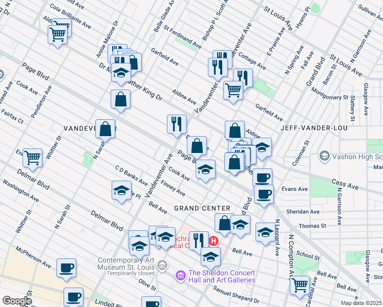 map of restaurants, bars, coffee shops, grocery stores, and more near 3852 Evans Avenue in St. Louis
