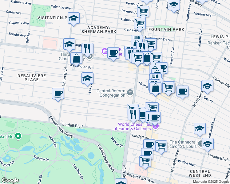 map of restaurants, bars, coffee shops, grocery stores, and more near 5079 Waterman Boulevard in St. Louis