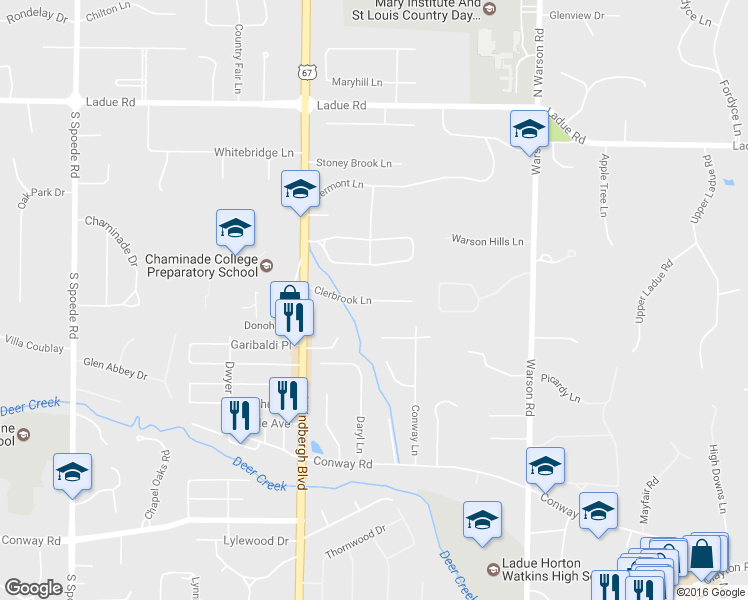 map of restaurants, bars, coffee shops, grocery stores, and more near 5 Clerbrook Lane in St. Louis
